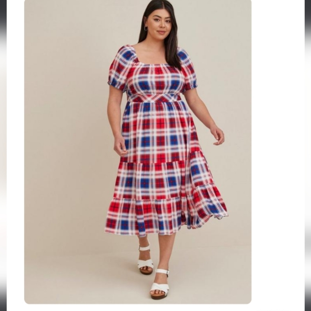 NWOT TORRID Puff Sleeve Tiered Maxi Dress - Challis Plaid Red & Blue